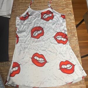 White Slip Dress with Red Lips Print